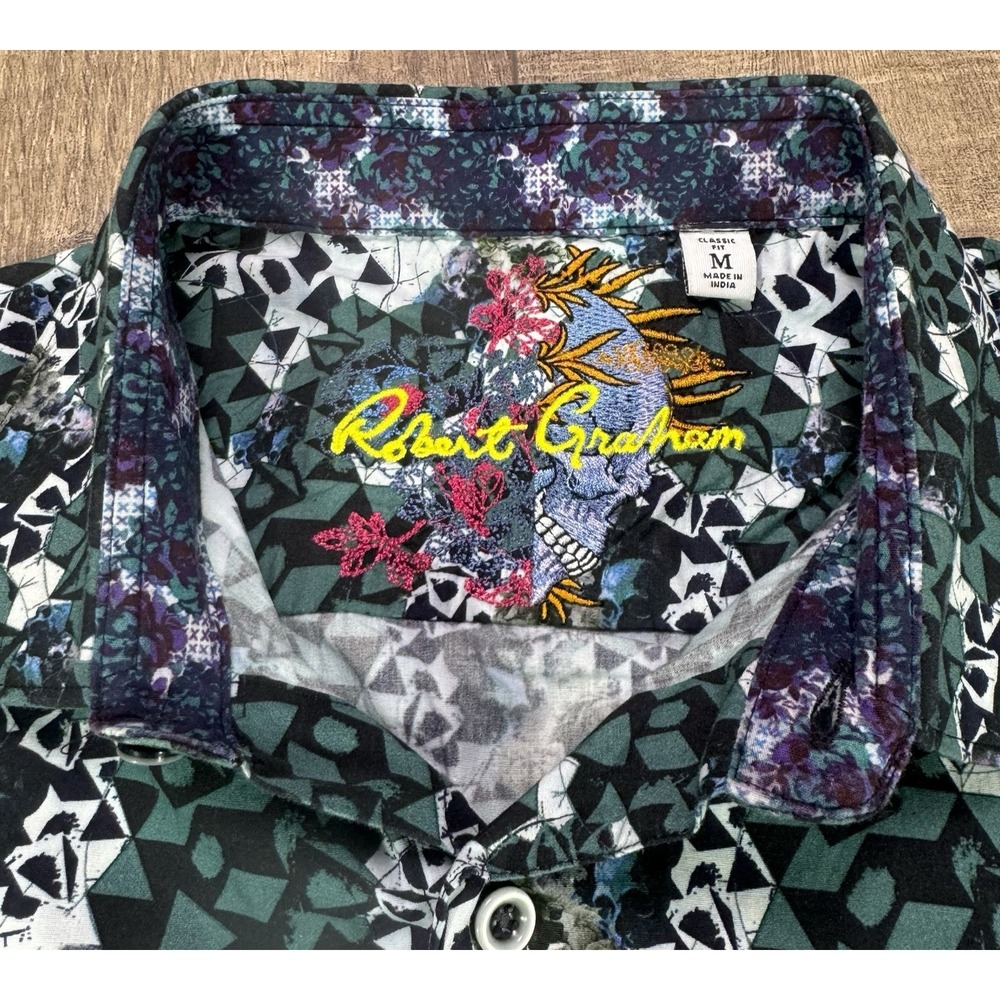 Robert Graham Finchley Green Geo Skull Bud Mens Med Flip Cuff Button Up Shirt - Picture 7 of 12
